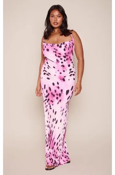 Plus Purple Animal Printed Plisse Cowl Neck Maxi Dress