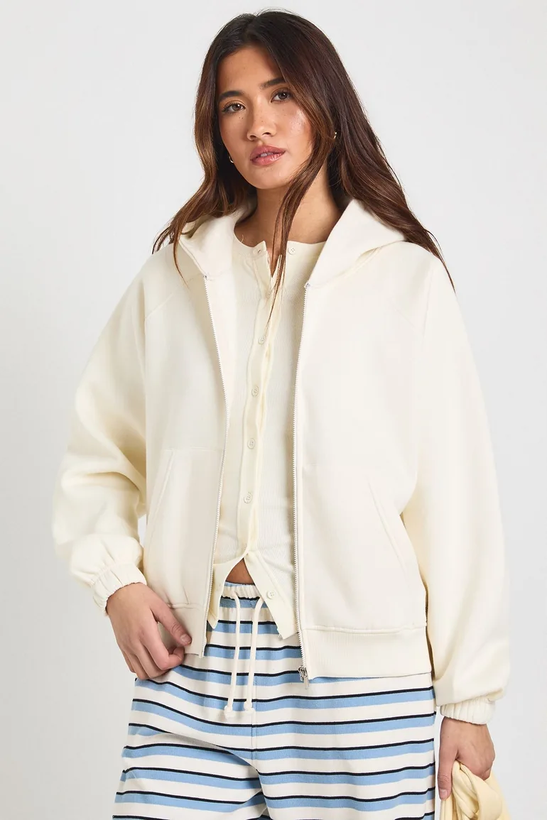 Raglan Seam Boxy Zip Through Hoodie - cream - 2
