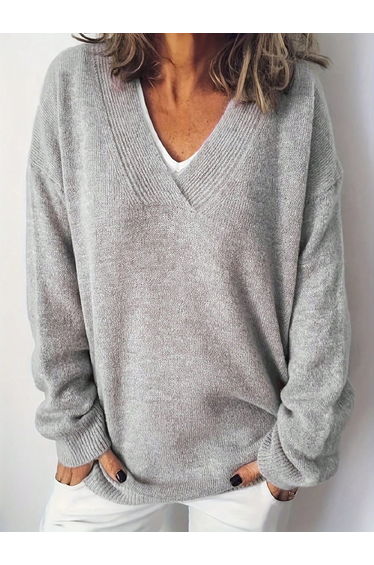 Plus Size Solid V Neck Knit Sweater