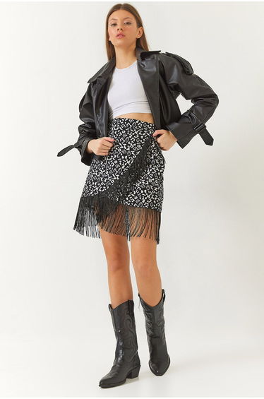 LUCCI Textured Patterned Mini Skirt with Tassel and Tie Closure