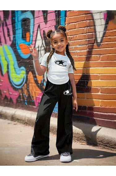Girls Star Print Ruched T-Shirt and Pants Set