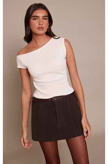 Cream Soft Brushed Rib Asymmetric Neckline Long Top