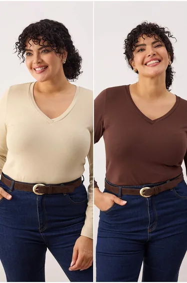 Brown-beige 2-pack basic viscose ribbed soft knitted plus size blouse