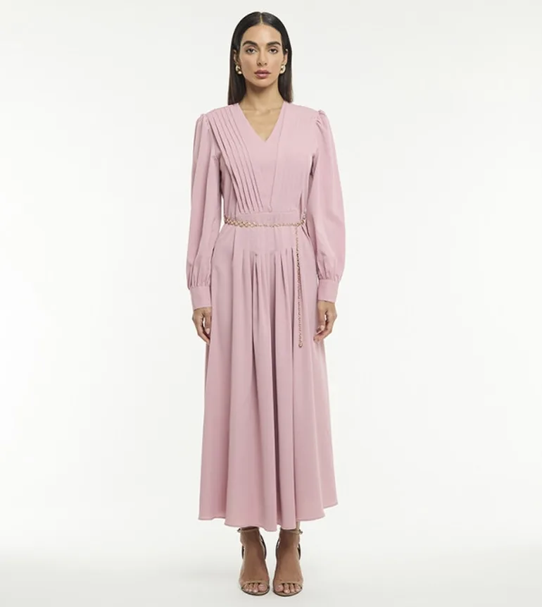 bcbg pink pleated dress BCBG LONG SLEEVE PLEATED MAXI DRESS WITH BELT Bcbg Pink : Evening Dresses :  VogaCloset Saudi Arabia