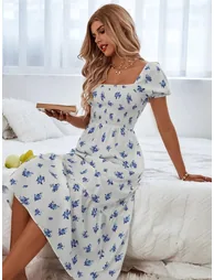 فستان ميدي بطبعة أزهار - أزرق - 2