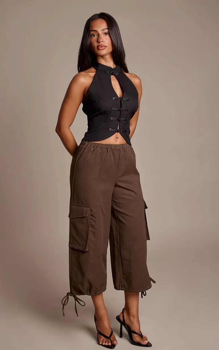 Petite Dark Olive Elasticated Waist Twill Cropped Cargo Trousers - 1