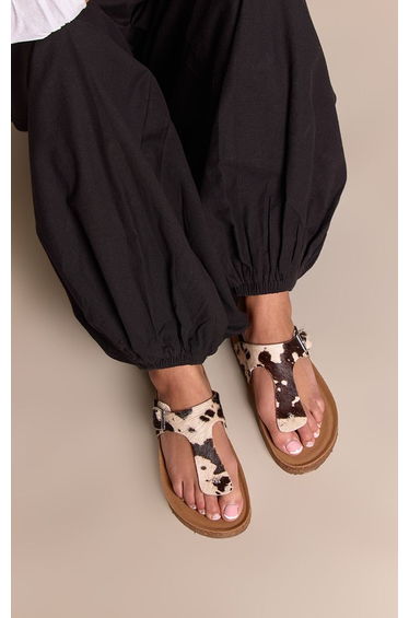 Cow Print Real Leather Toe Post Footbed Sandal