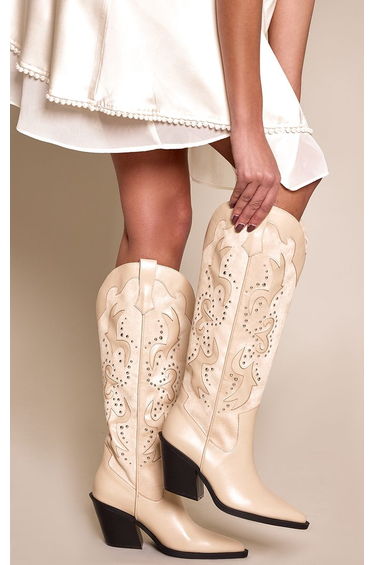 Cream Block Heel Knee High Western Boots