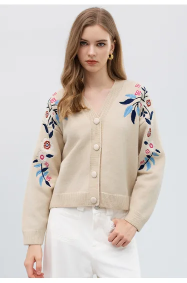 Floral Embroidery Button-Up Knit Cardigan in Oatmeal for Casual Brunch & Weekend Outings