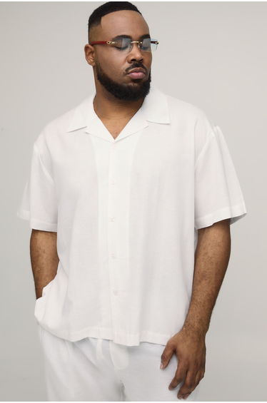 Plus Oversized Short Sleeve Linen Blend Shirt - white