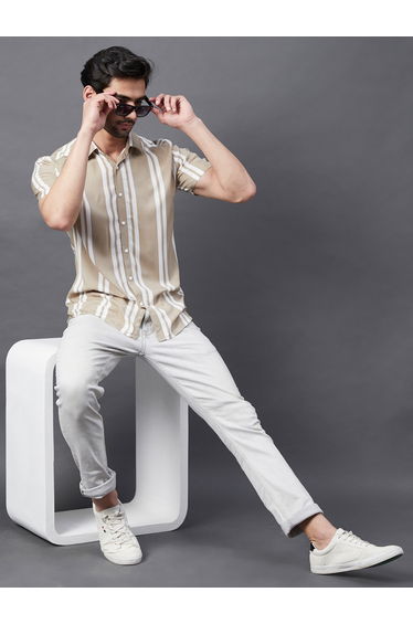 Men Beige Striped Rayon Shirt