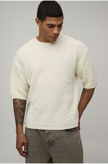 Boxy Geo Stitch Knitted T-Shirt - ecru