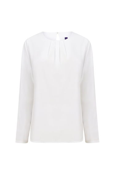 Henbury Womens/Ladies Pleat Front Long Sleeve Blouse - White