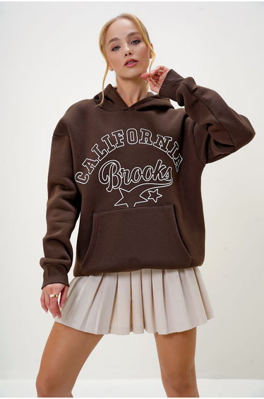 Women's Brown Hooded Kangru Pocket Front Text Printed Three Thread Raised Sweatshirt