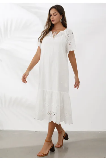 V-Neck Floral Embroidery Eyelet Dolly Dress in White