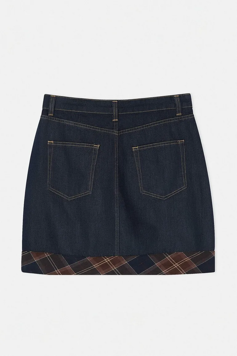 Dark Blue Elastic Waist Plaid Detailed %100 Cotton Non-Stretch Mini Denim Skirt - 4