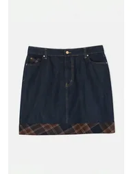 Dark Blue Elastic Waist Plaid Detailed %100 Cotton Non-Stretch Mini Denim Skirt - 2