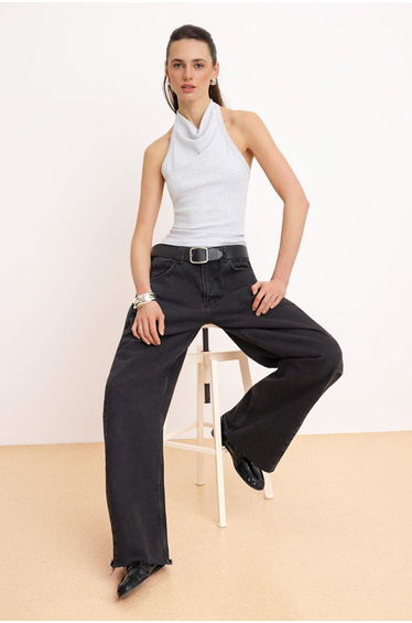 Gray Melange Fitted/Bodycon Cowl Neck Sleeveless Cotton Ribbed Knitted Blouse