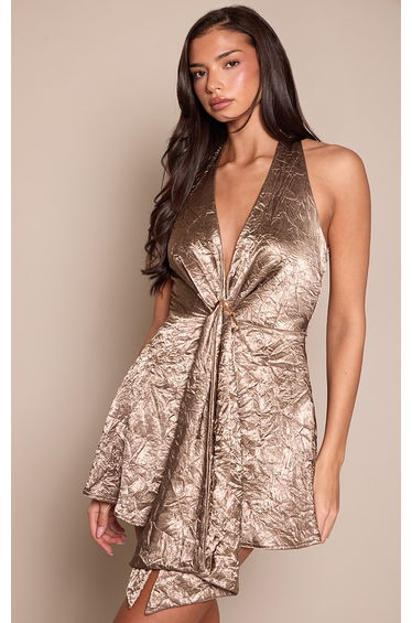 Khaki Satin Buckle Detail Shift Dress