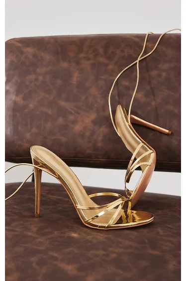Gold Metallic Wide Fit Round Toe Lace Up High Heeled Sandals