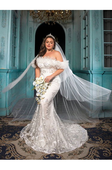 Plus Size Flower Embroidery Splicing Mesh Fishtail Hem Wedding Dress