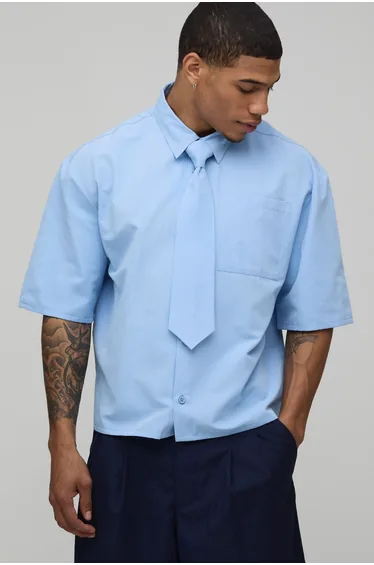 Oversized Boxy Half Sleeve Shirt and Tie - blue