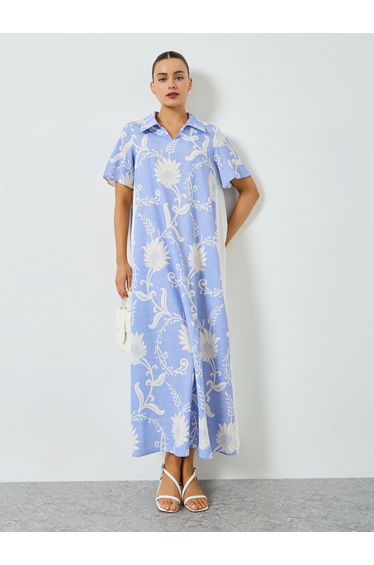 Blue Floral Print Short Sleeve Jalabiya