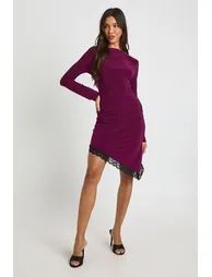 Slinky Boat Neck Lace Hem Midi Dress - plum