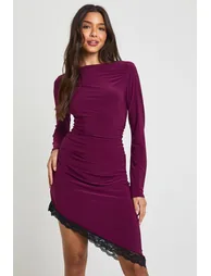 Slinky Boat Neck Lace Hem Midi Dress - plum - 1
