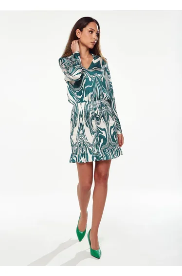 Women’s Mini Dress in Green with Swirling Marble Print.
