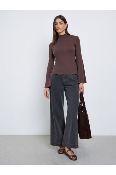 Brown Ribbed Knit Flared Sleeve Top