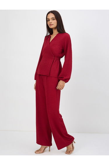 Women Red Textured Wrap Top with Pants Co-Ord