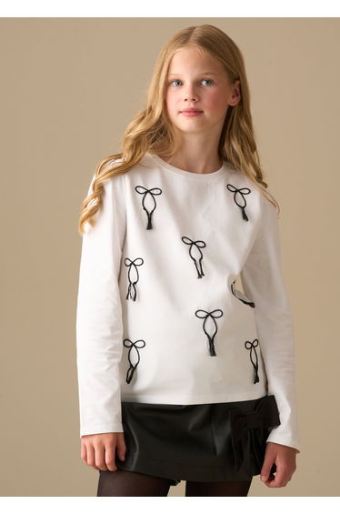 Imogen Embroidered Bow Ls Top - White