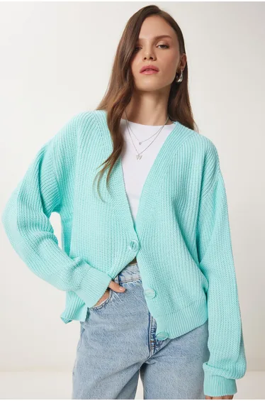 Women's Aqua Green V-Neck Buttoned Knitwear Cardigan