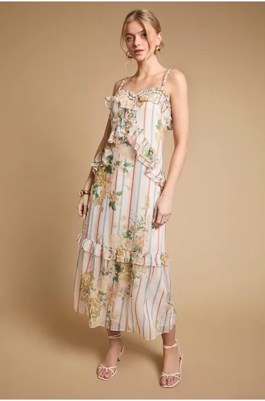 Rope Detail Neckline Ruffle Cami Midaxi Dress