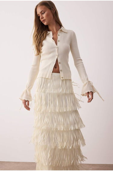 Ecru Mercerized Look Ribbed Polo Neck Knitwear Cardigan