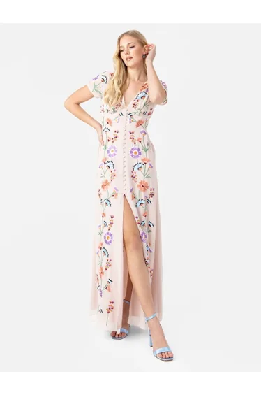 Maya Floral Embroidery & Faux Button Front Maxi Dress