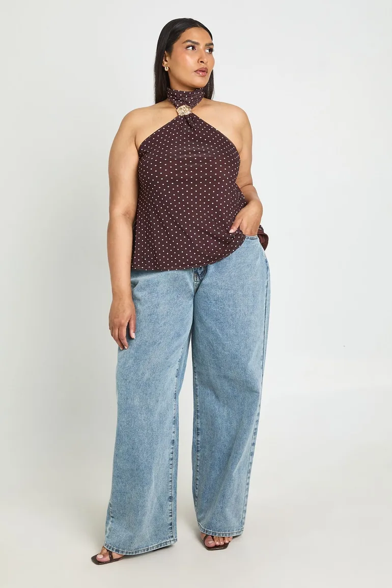 Plus Trim Detail Halter Neck Polka Dot Top - chocolate - 2