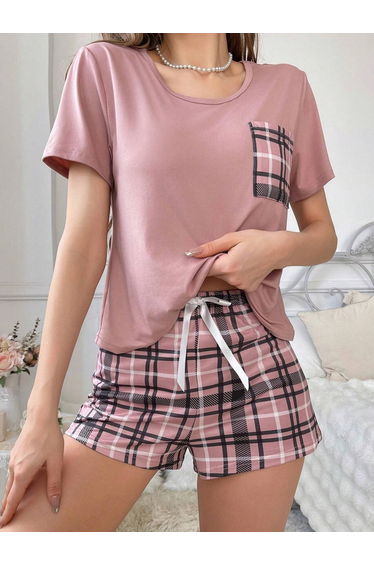 Pink Plaid Pocket Print T-Shirt and Shorts Set