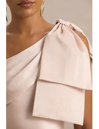 Valerie | Light Pink Satin Asymmetric-Neck Maxi Dress With Bow Detail - 5