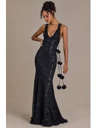 Premium Embellished Plunge Open-Back Gown in Black - 6