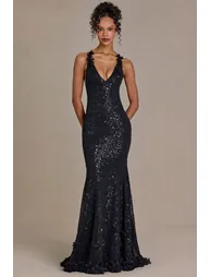 Premium Embellished Plunge Open-Back Gown in Black - 4
