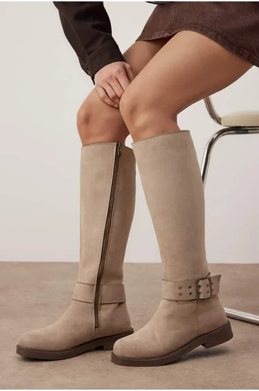 Mink eyelet detailed flat sole women's riding boot