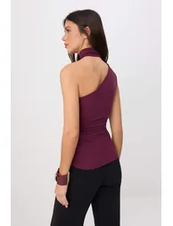 Plum Fitted Asymmetric Collar Tie Detail Soft Knitted Blouse - 3