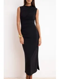 Black Bodycon High Neck Sleeveless Stretchy Knitted Dress - 2