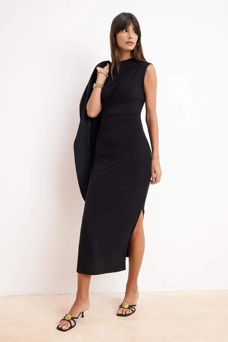 Black Bodycon High Neck Sleeveless Stretchy Knitted Dress