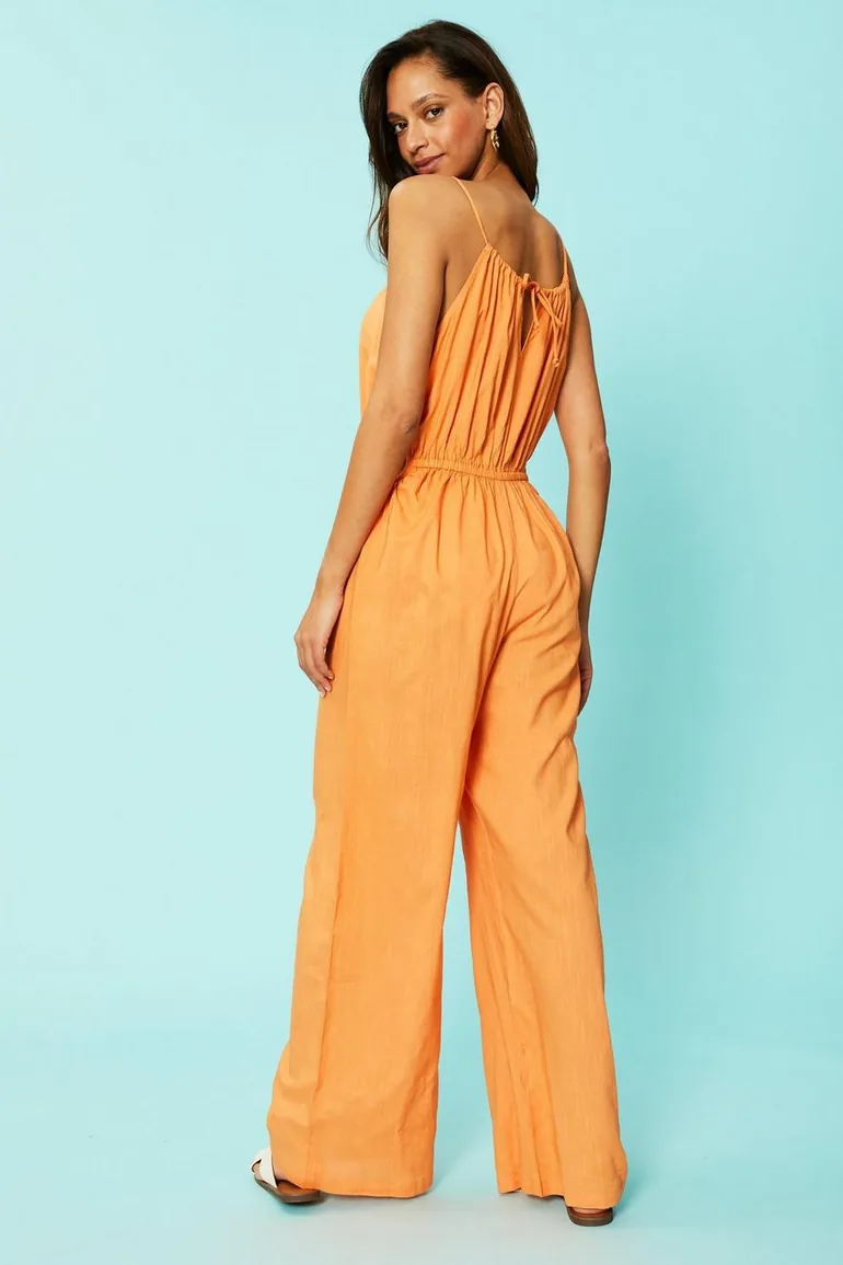 Cotton Slub Cut Out Jumpsuit With Buckle - orange - 3