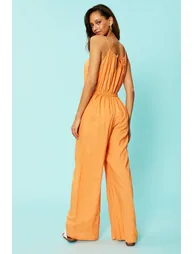 Cotton Slub Cut Out Jumpsuit With Buckle - orange - 3