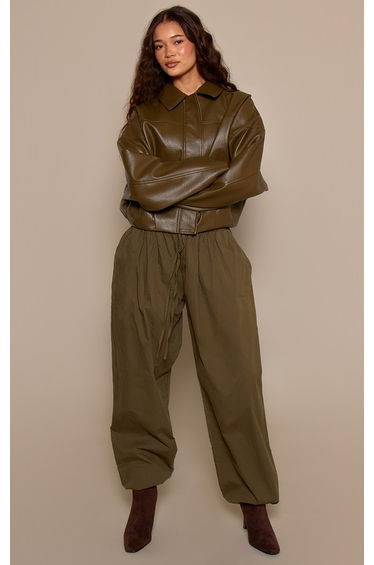 Khaki Cotton Drawstring Balloon Trousers