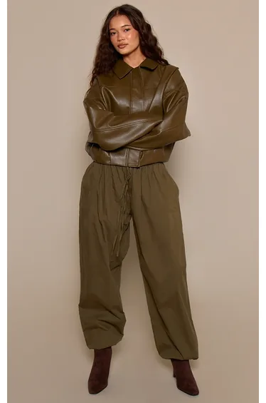 بنطلون قطن منفوخ برباط شد - أخضر